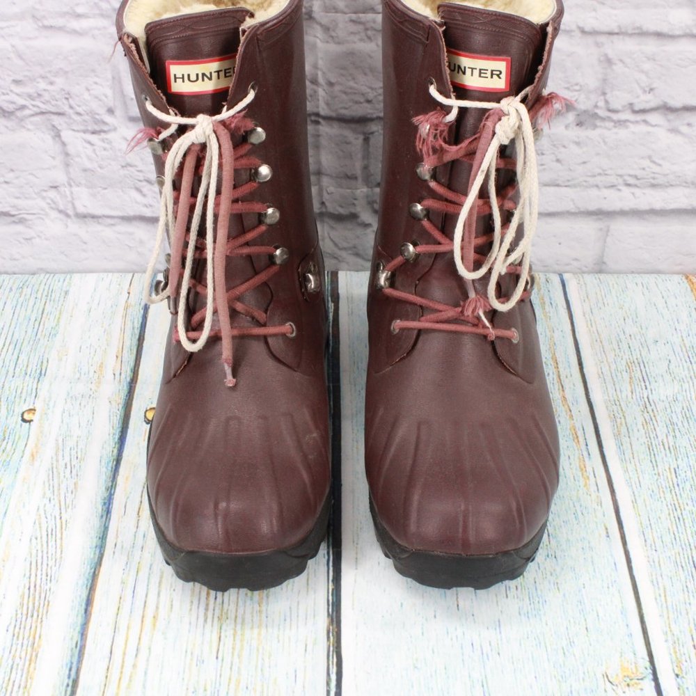 *Hunter Maroon Vibram Sole Shearling Insulated Rubber Rain Boots Size 10 Inches - Picture 5 of 9